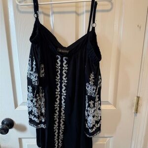 INC International Concepts Black Peek a Boo Blouse with White Embroidery